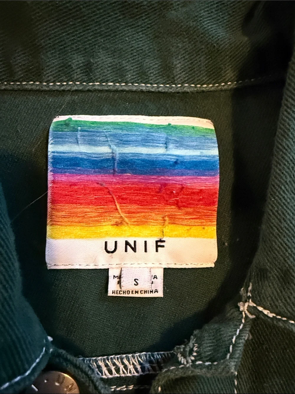 UNIF Green Denim Jacket Contrast White Topstitching Silver-Tone Buttons Small